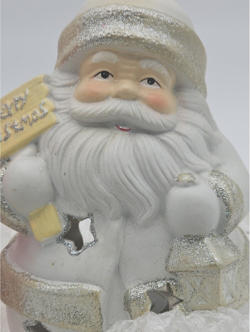 Ceramic Santa Claus LED Tea Light Candle Holder Star Cutouts Christmas Figurine